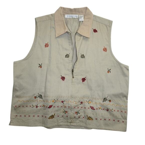 Vintage Victoria Jones Fall Leaf Embroidered Zip-Up Vest Women’s XL Corduroy - Picture 2 of 4